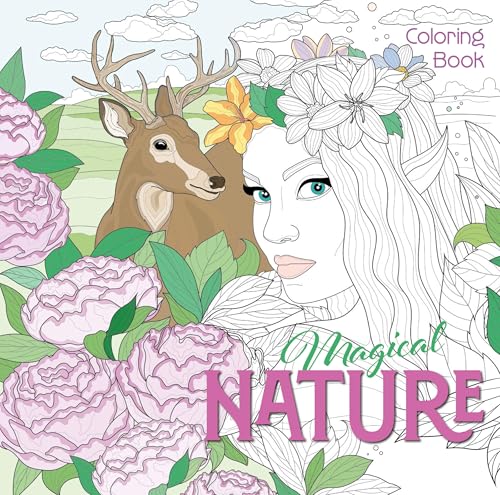 Line art coloring book cover with deer, woman, and flowers.