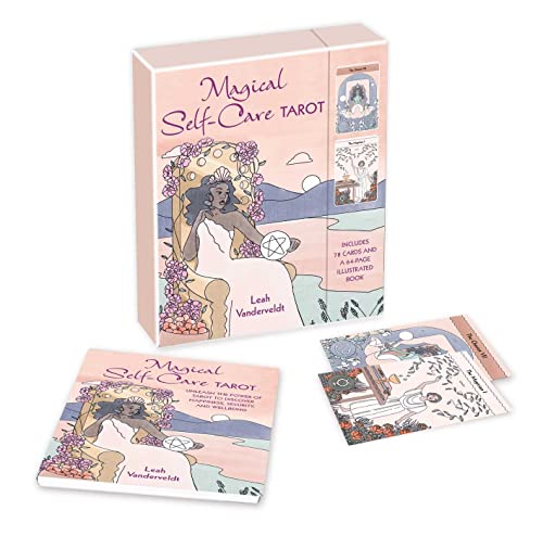 Boxed tarot deck with illustrated cards and guidebook, featuring a woman with flowers.