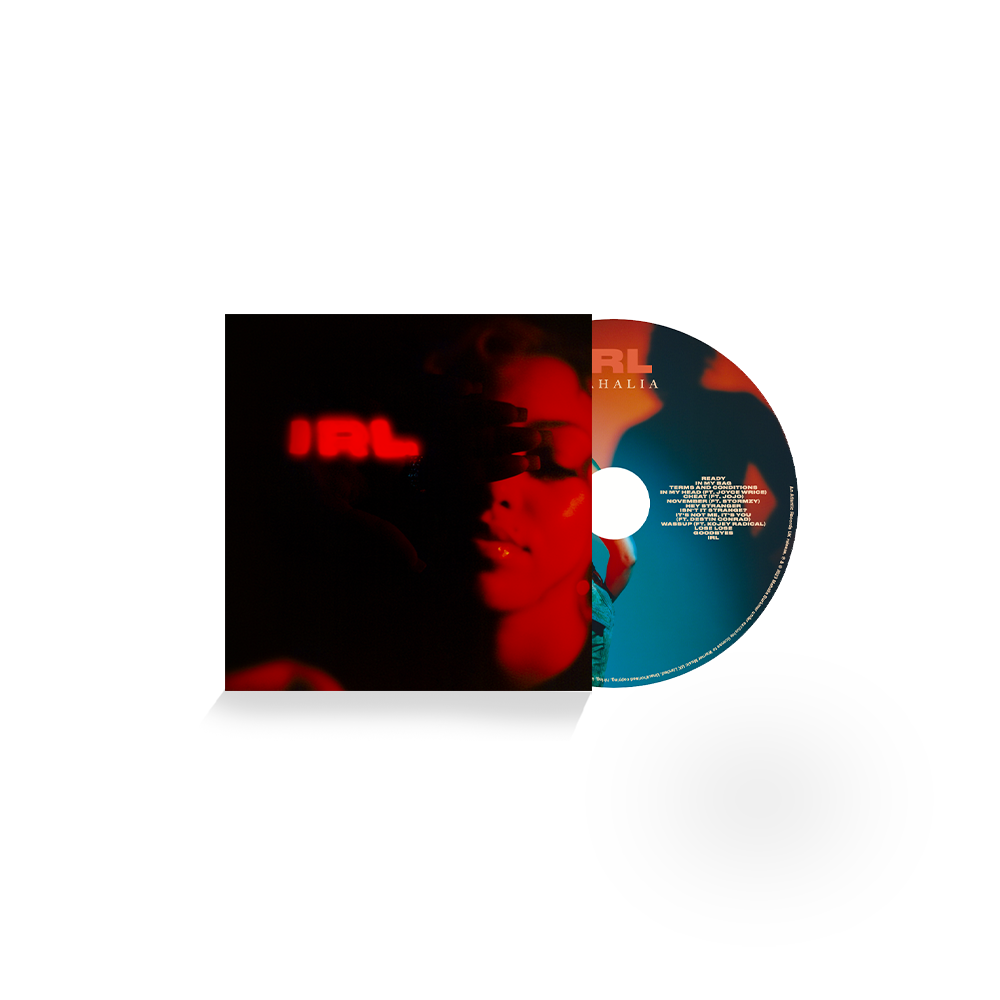Mahalia IRL CD featuring a red-lit portrait and a blue tracklist disc.