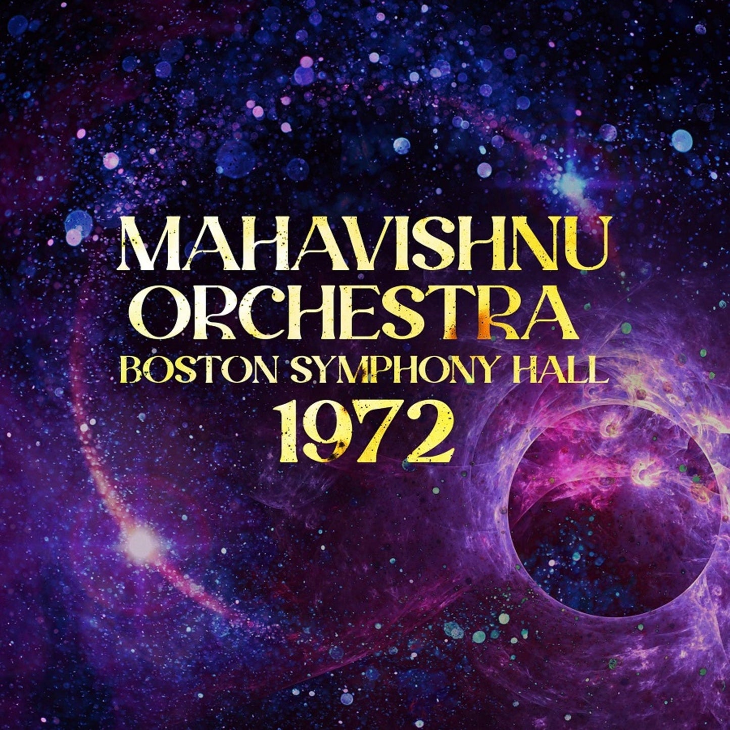 Mahavishnu Orchestra album cover with swirling nebula and gold lettering.