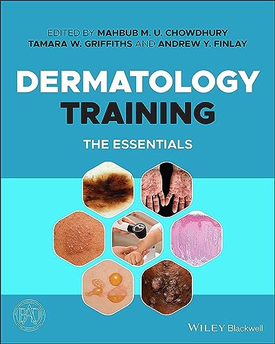Book cover for "Dermatology Training: The Essentials" with skin condition images.