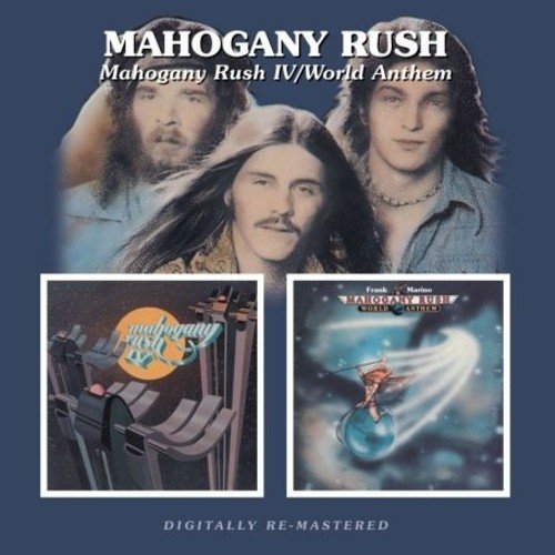 "CD cover with Mahogany Rush band members and two inset album covers on blue background."