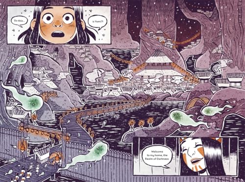 Girl with long dark hair looks at a fantastical, misty town.