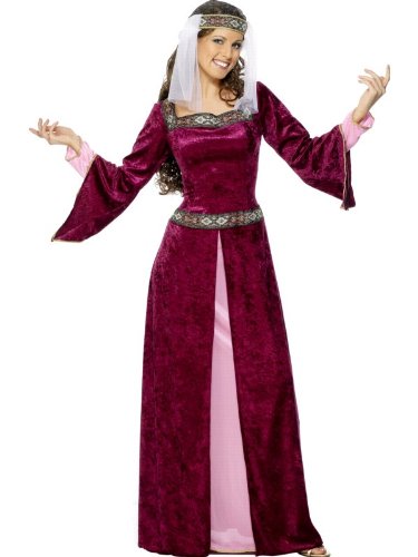 Woman wearing a burgundy medieval-style dress with long sleeves and a matching headpiece.