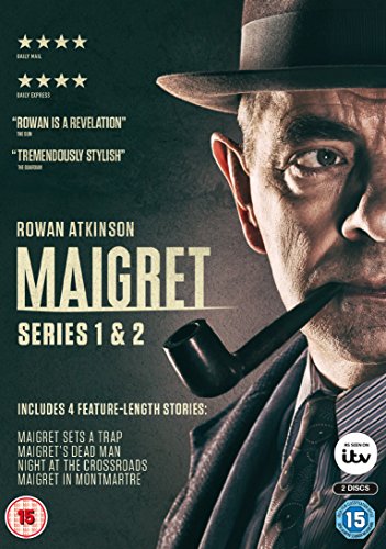 Rowan Atkinson as Maigret wearing a hat and smoking a pipe on DVD cover.