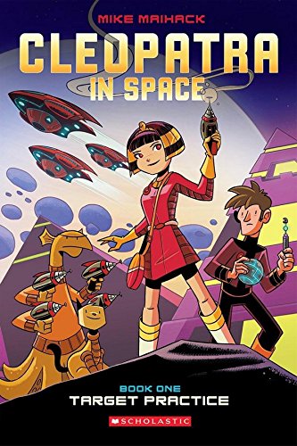 Book cover: young Cleopatra in space suit with spaceships and robots.