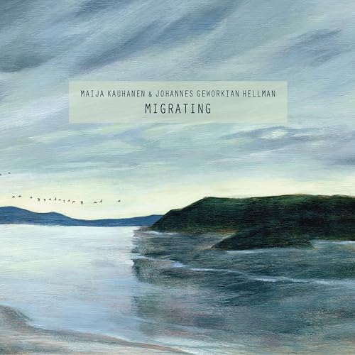 Album cover for "Migrating" with a painted landscape and birds.