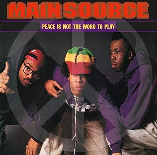 "Album cover with three men and a peace sign, titled 'Main Source'."