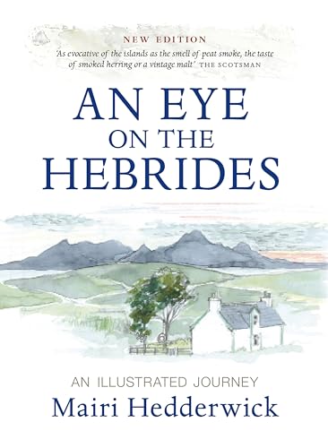 Book cover with watercolor landscape of the Hebrides islands and cottages.