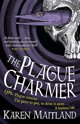 Book cover: skull, snake, and swirling purple design with title “The Plague Charmer.”