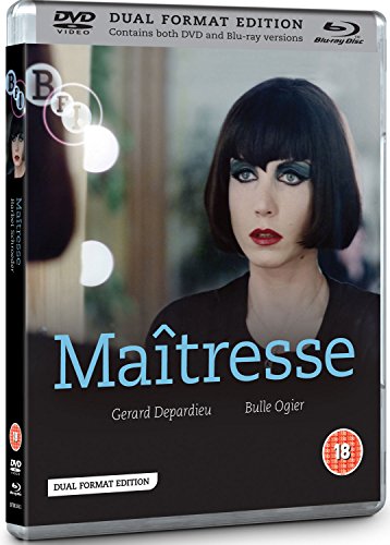 Blu-ray cover for “Maîtresse” featuring a woman with dark hair and makeup.