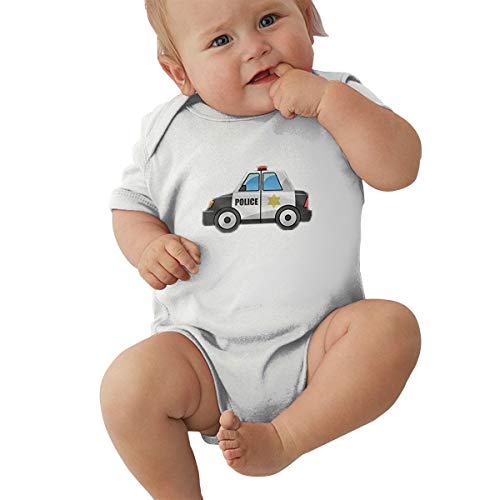 Baby wearing a white onesie with a cartoon police car graphic.