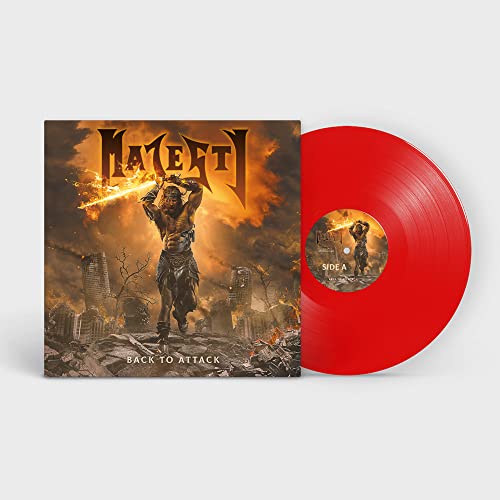 Red vinyl record and album cover featuring a warrior in a destroyed city.