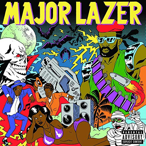 Major Lazer album cover: colorful illustration with figures, lasers, and a skull.