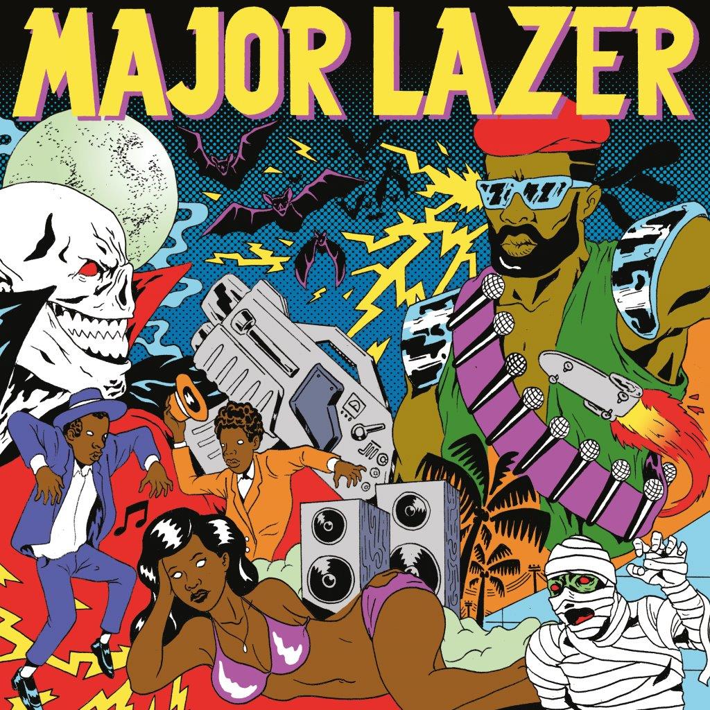 Comic book style album art featuring Major Lazer, a skull, and various colorful characters.