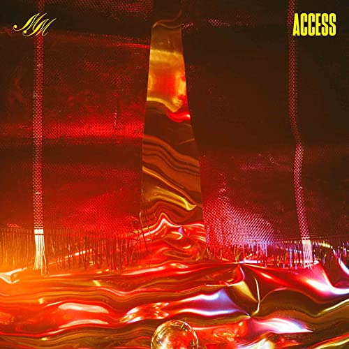 Red and orange abstract image with wavy lines and a shiny metallic appearance.