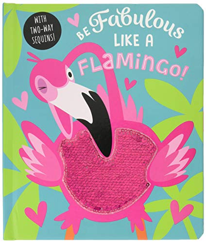 Book cover with a pink flamingo illustration and sparkly sequins.