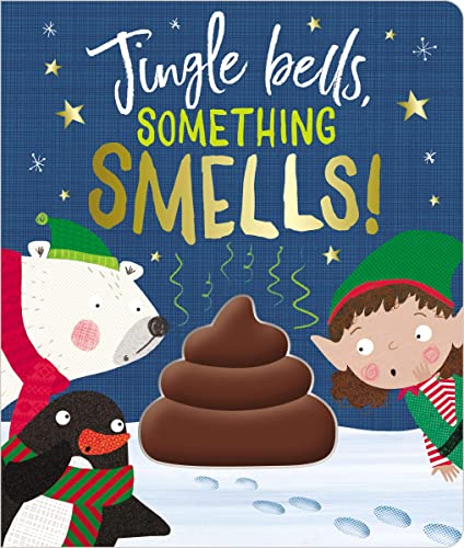 Board book cover with a polar bear, penguin, elf, and pile of poop.