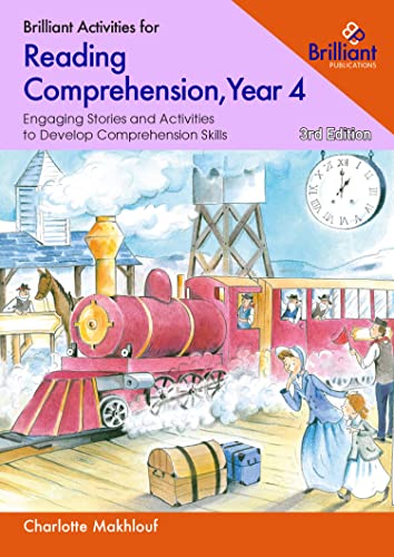 Year 4 reading comprehension workbook cover with a red steam train scene.