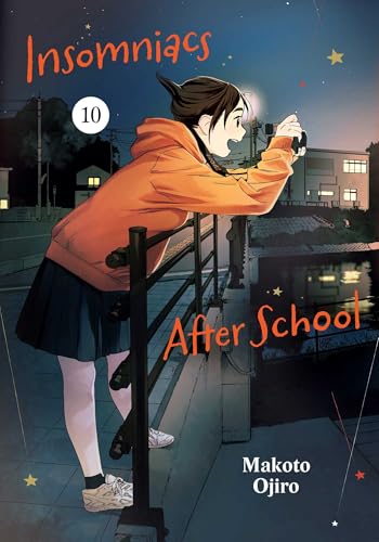 Girl with a phone overlooks a nighttime town, manga cover art.