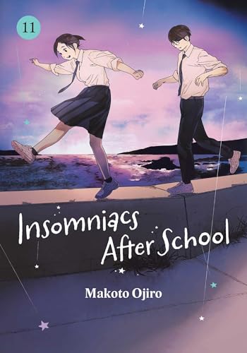 Manga cover: two teens walking along a wall under a starry sky.
