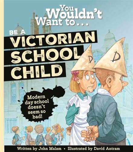 Book cover illustration featuring two children wearing dunce caps in front of a school.