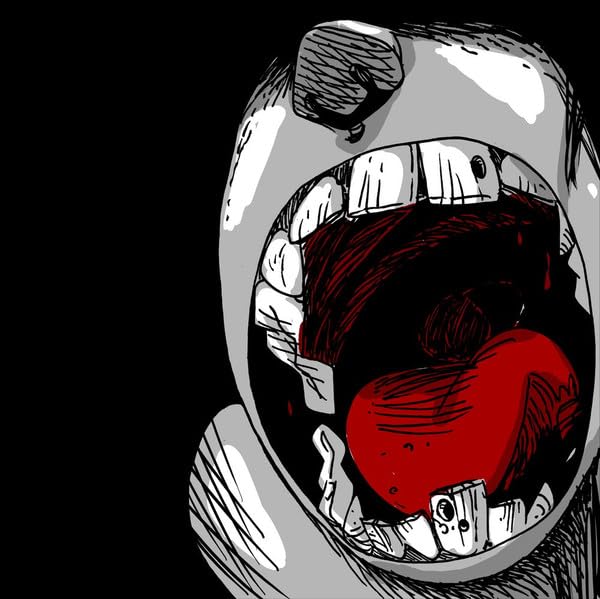 Black and white sketch of a screaming face with a red heart in its mouth.