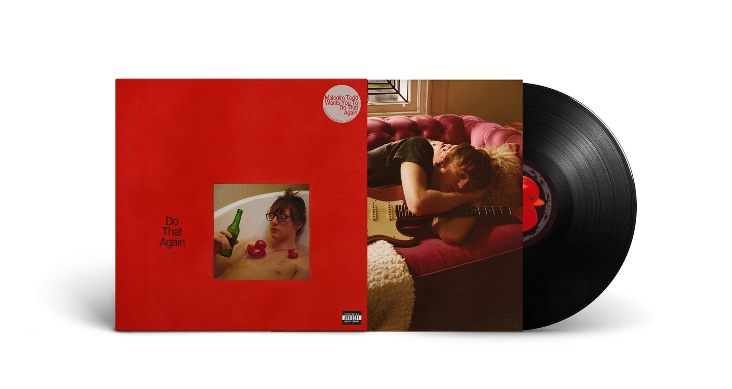 Red vinyl record cover with collage of people and a bathtub.