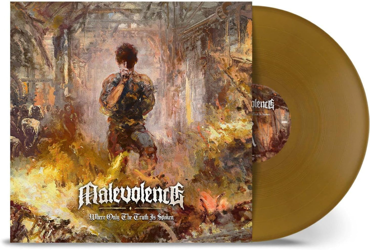 Malevolence vinyl record with painted cover art of a figure with a gun.