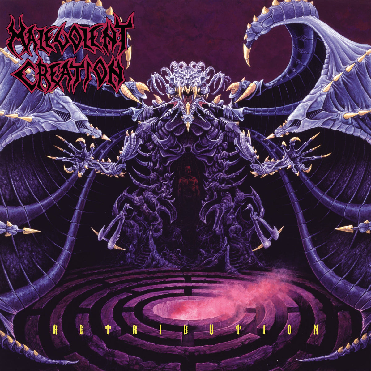 Album cover for Malevolent Creation’s “Retribution” featuring a purple dragon illustration.