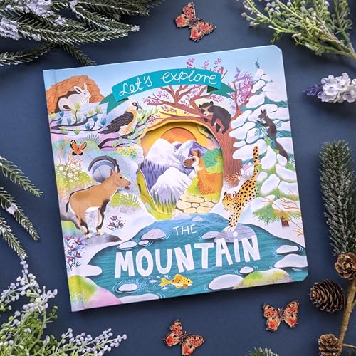 Children's book cover depicting mountain wildlife and a peek-through landscape.