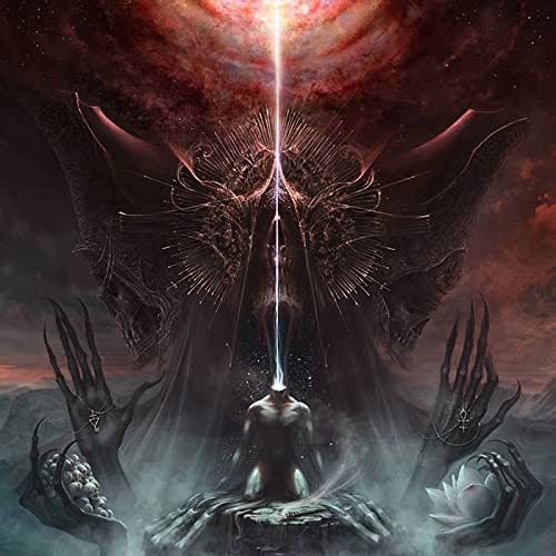 Dark fantasy album cover with a figure meditating under a beam of light.