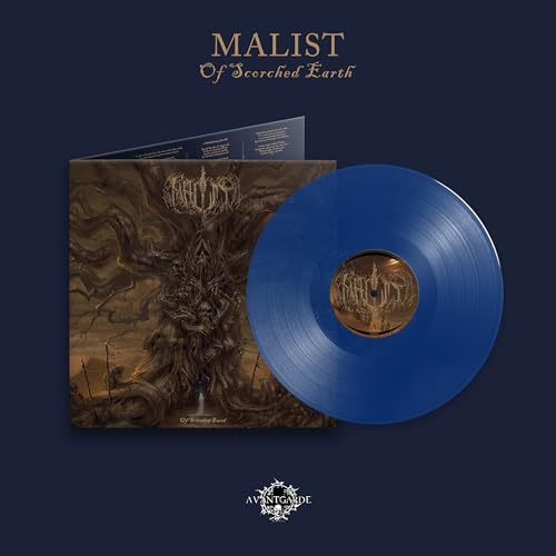 Blue vinyl record with album artwork depicting a dark, ornate landscape.