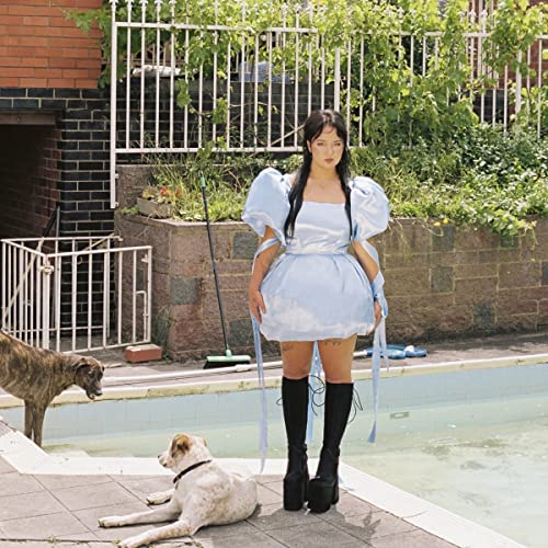 Album cover for Mallrat's "Butterfly Blue" featuring a woman and dogs.