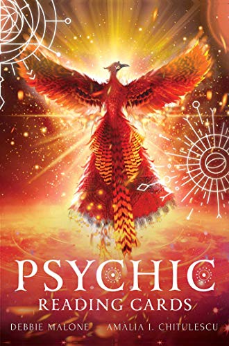 A phoenix rises against a glowing orange background with text Psychic Reading Cards below.