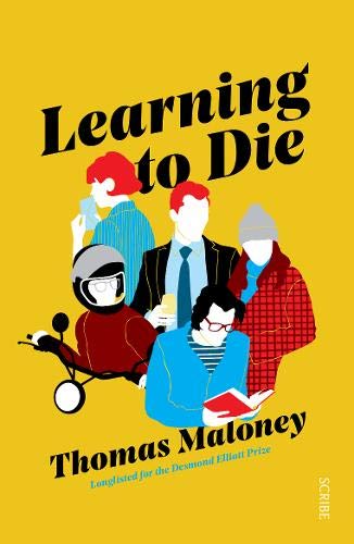 Book cover with title Learning to Die and illustration of five people on yellow.