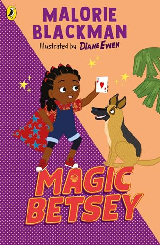 Book cover: girl with a dog, holding a playing card, illustrated style.