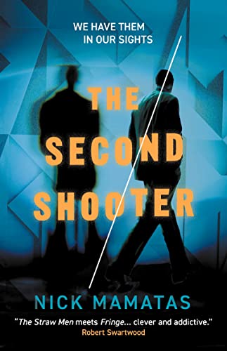 Book cover: "The Second Shooter" with a silhouetted figure and blue geometric background.