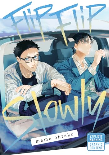 Two young men sit inside a car on the cover of the manga Flip Flip Slowly.
