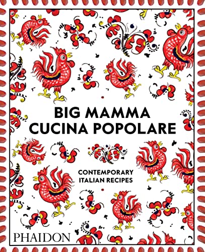 Cookbook cover with repeating red rooster pattern and bold title text.