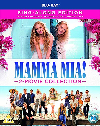 Blu-ray cover for Mamma Mia! 2-movie collection featuring cast members and Greek island scenery.