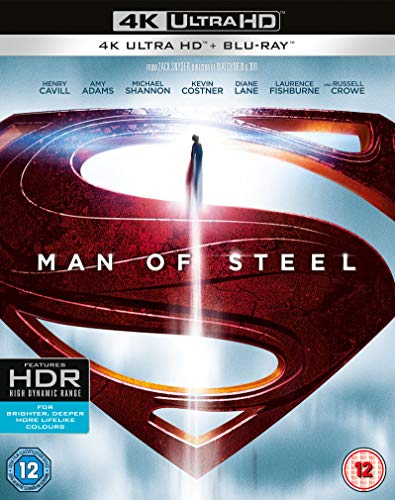 “Man of Steel” Blu-ray cover featuring Superman ascending within a red and silver logo.
