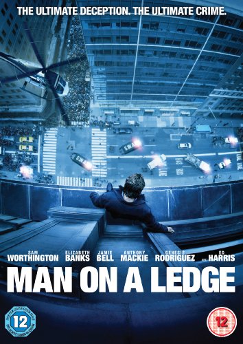 "Man on a Ledge DVD cover featuring a man on a building ledge with a helicopter."