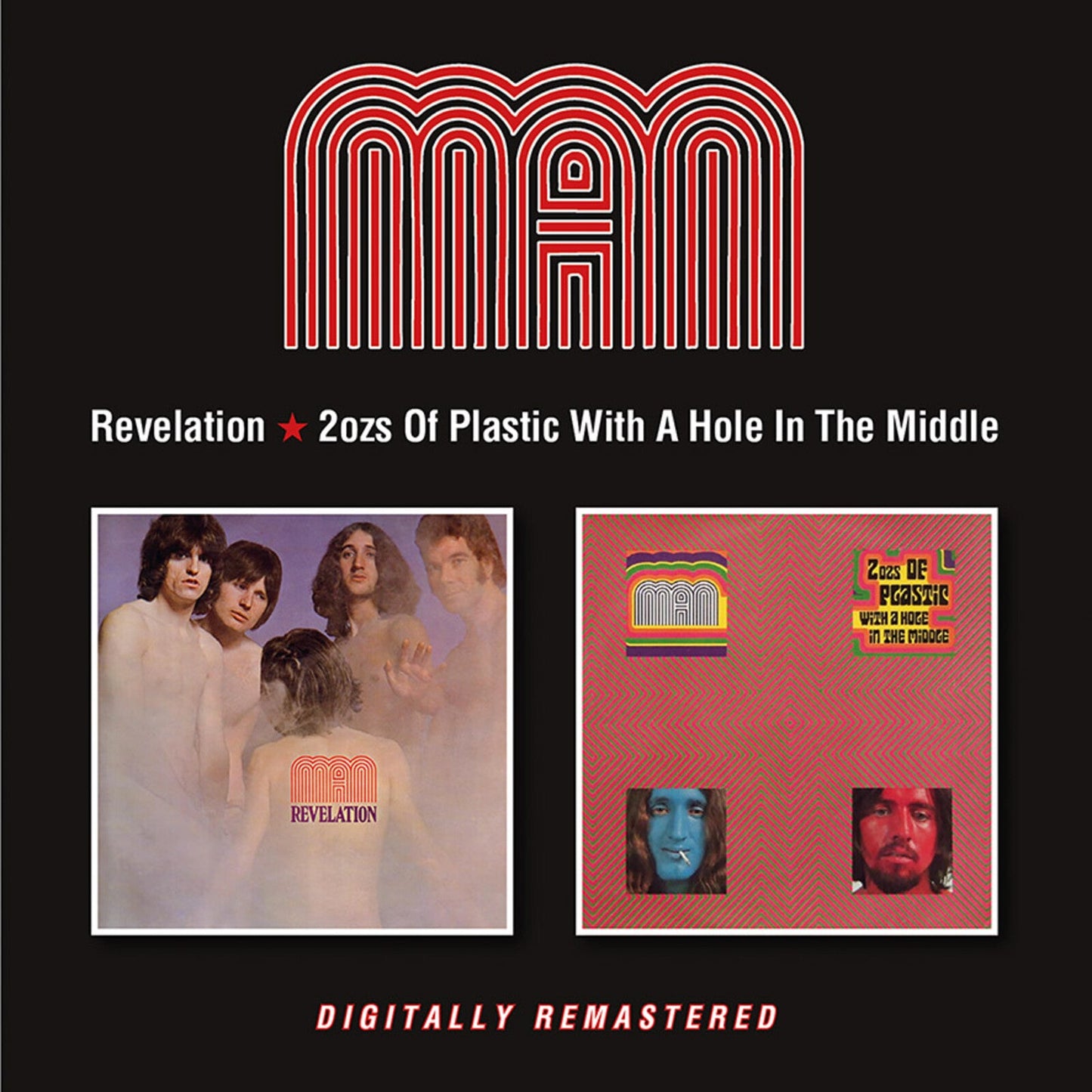 CD cover for Man’s “Revelation” featuring band photo and red design.