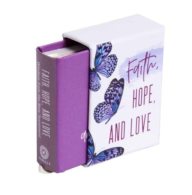 Small purple book with butterfly design and the words "Faith, Hope, and Love.