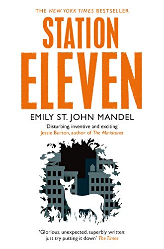 Book cover for “Station Eleven” with orange title and deer illustration.