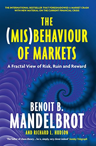 Book cover for The (Mis)Behaviour of Markets with a blue fractal spiral background.