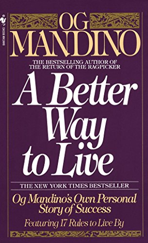 Book cover: "A Better Way to Live" by Og Mandino, dark purple background.