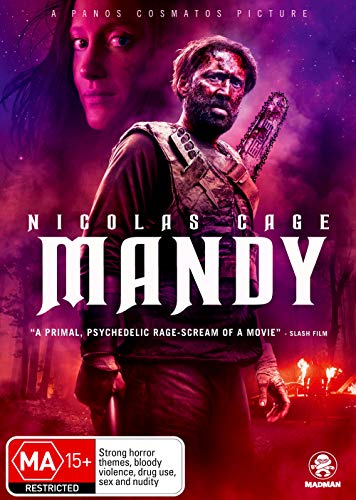 Mandy" DVD cover featuring Nicolas Cage with a chainsaw, and a ghostly woman.