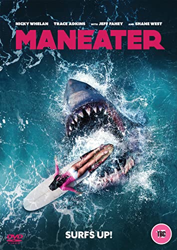 Maneater" DVD cover: shark attacking a surfer in turbulent blue water.